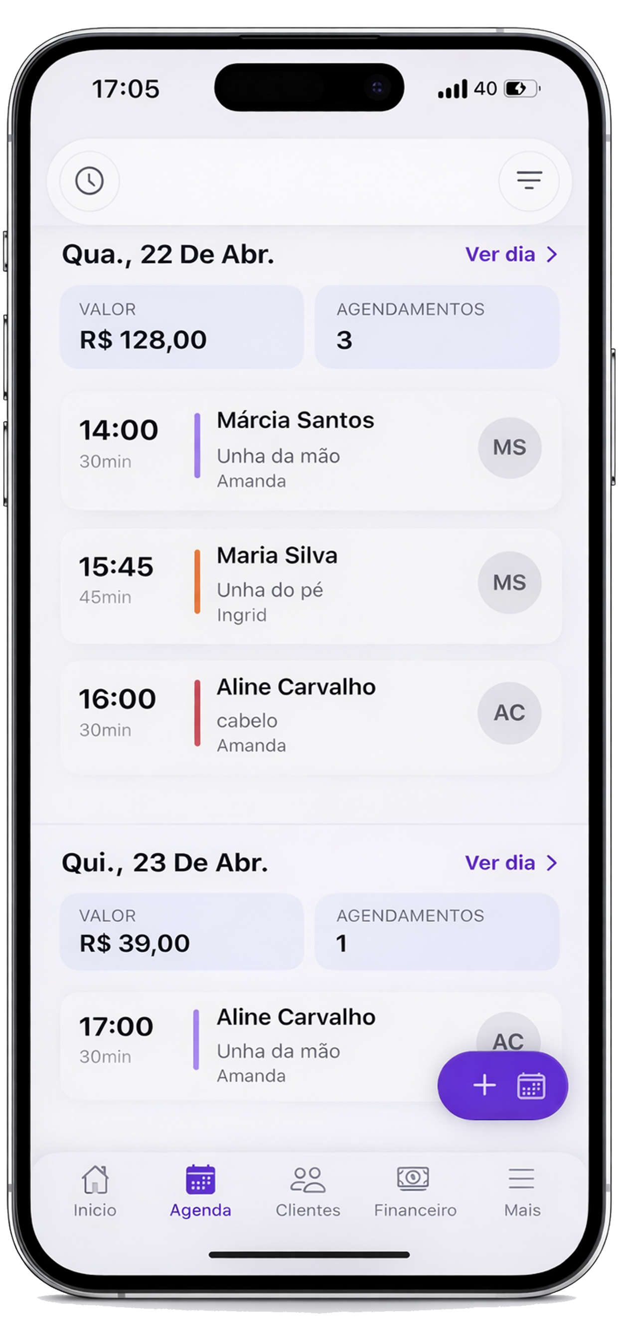 Tela de agenda do Zaily com horários e novo agendamento
